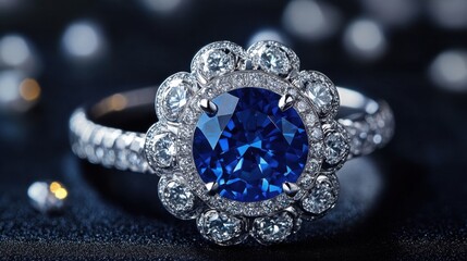 Fototapeta premium Elegant sapphire ring adorned with diamonds luxury jewelry on dark background close up shot