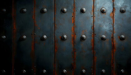 Fototapeta premium A detailed view of an intricate metal door with rust and rivets, showcasing unique textures and rich history in architecture.