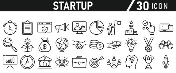 Startup icon set in liner style. Innovation, business plan, investment, launch, funding, investor and entrepreneurship icons. Solid icon collection.