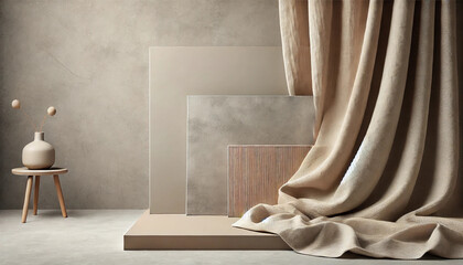 A high-resolution image featuring minimalist textures. The composition includes smooth concrete, soft fabric folds, and subtle wood grain