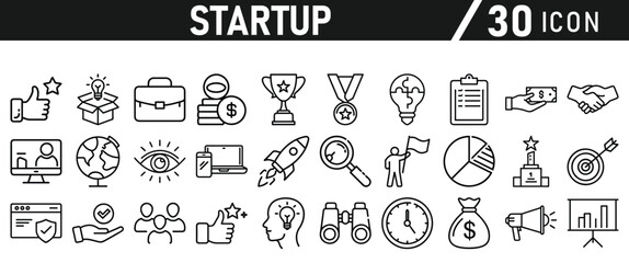Startup icon set in liner style. Innovation, business plan, investment, launch, funding, investor and entrepreneurship icons. Solid icon collection.