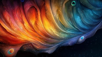 Obraz premium Vibrant Peacock Feathers Shimmering With Cosmic Dust