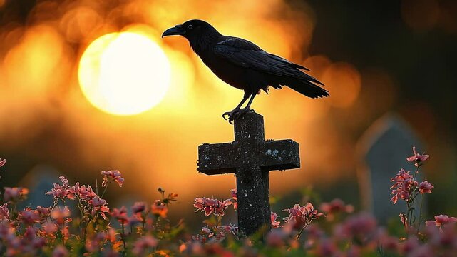 crow with flowers bokeh background footage
