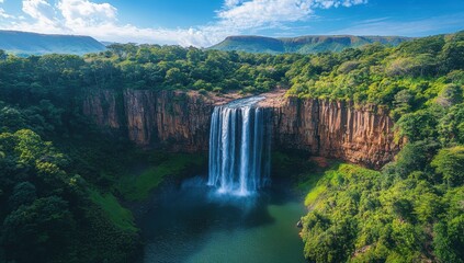 Fototapeta premium Majestic waterfall cascading into a serene pool surrounded by lush green forests under a bright blue sky with scattered clouds in a pristine landscape