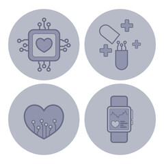Collection of health tech icons with heart, circuit board, pills, and smartwatch. Advancements in medical technology and health monitoring concept