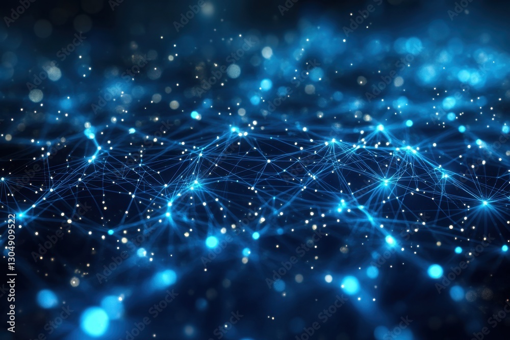 Poster abstract network connection structure with glowing nodes and lines on dark blue background futuristi