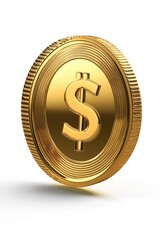 A realistic golden coin with a dollar symbol floats against a white background, casting a soft shadow beneath