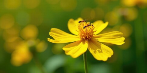 Yellow Senna alata flowers with a swarm of ants hovering above them, garden, swarm, insects
