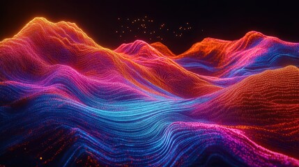 Futuristic high-resolution digital landscape featuring glowing neon waves in blue, pink, and orange hues on a dark background