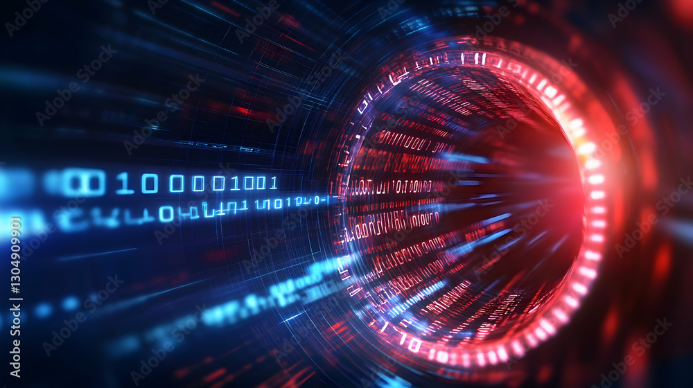 Poster a futuristic view of digital data swirling in a vortex, showcasing binary code in vibrant red and bl