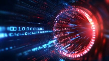 Obraz premium A futuristic view of digital data swirling in a vortex, showcasing binary code in vibrant red and blue colors.