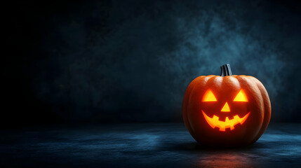 Naklejka premium A glowing jack-o'-lantern in a dark setting, creating a spooky atmosphere perfect for Halloween celebrations and festive decorations.
