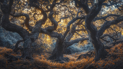 Ancient trees with twisted branches in mystical forest setting