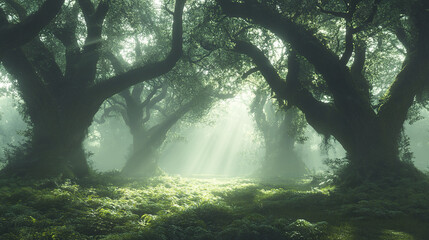 mystical fairytale forest with oversized trees and sunlight streaming through