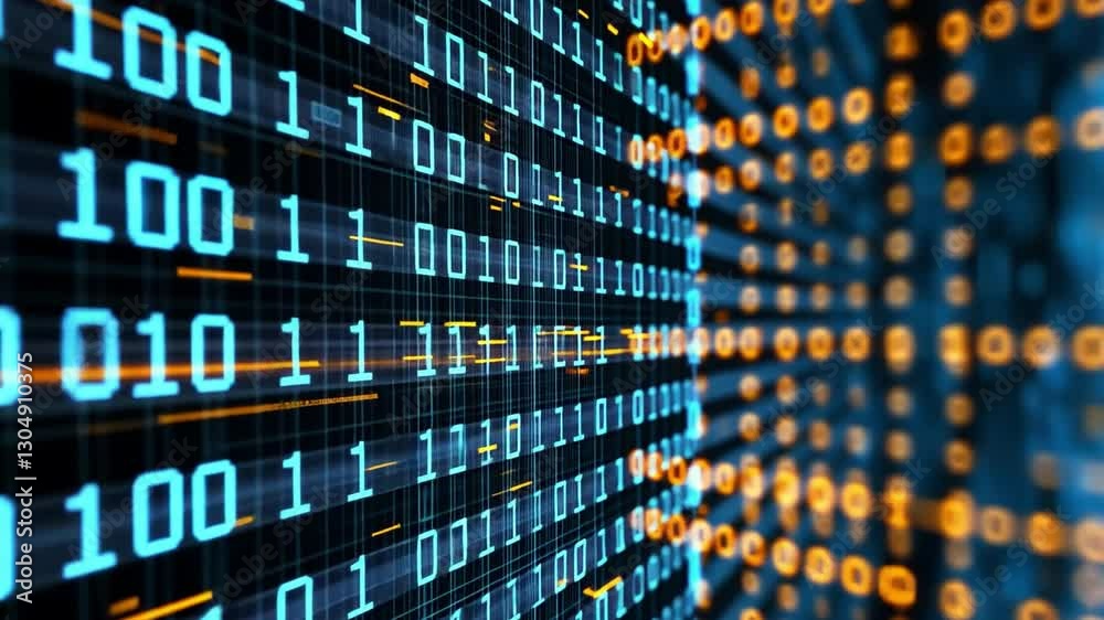 Poster digital flow: a captivating display of binary code in a futuristic tunnel, symbolizing data streamin