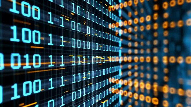 Digital Flow: A captivating display of binary code in a futuristic tunnel, symbolizing data streaming, innovation, and the digital age. 