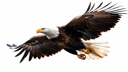 Fototapeta premium A majestic bald eagle in flight, showcasing its powerful wings and striking features against a clean background.