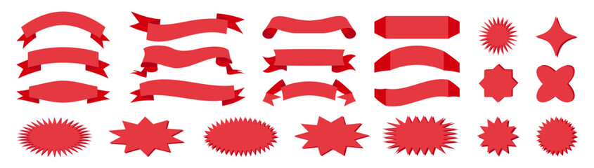 Red ribbon banner set. Ribbon for text, price tag, sale and advertising label, discount.