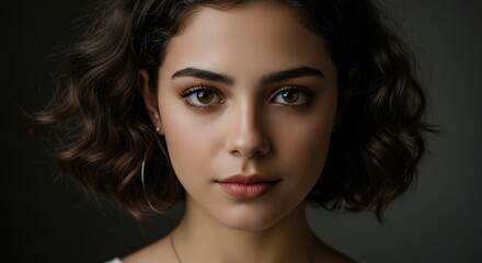 Fototapeta premium Portrait of a Young Woman with Brown Curly Hair and Brown Eyes