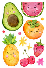 Watercolor hand painting fruits and berries set. Illustration isolated on white background. Pineapple, avocado, watermelon, strawberry, cherry. Use it for cards, invitations and scrapbooking.