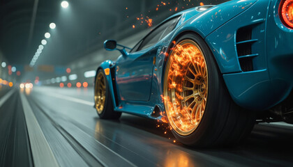 The burning wheel of a sports car rushes along the night highway, exploding flames and sparks. A dynamic scene full of speed and adrenaline.