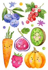 Watercolor hand painting fruits and berries set. Illustration isolated on white background. Pumpkin, carrot, kiwi, raspberries, blueberries. Use it for cards, invitations and scrapbooking.
