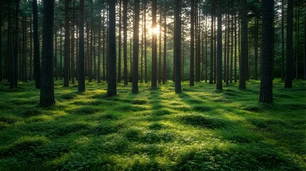Obraz premium Lush green forest landscape featuring tall trees and vibrant green grass under blue sky