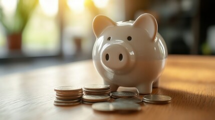 Cute Piggy Bank Surrounded by Coins on Wooden Table in Soft Morning Light, Symbolizing Saving and Financial Planning Concepts for Home Budgeting