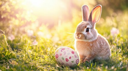 Cute Rabbit Sitting Next to Colorful Easter Egg in a Sunny Meadow, Symbolizing Spring and New Beginnings with Soft Focus Background Effect