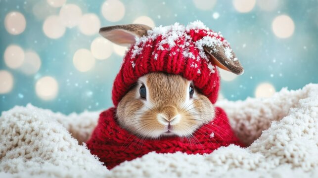Cute bunny wearing a red knit hat with snowflakes on fur sitting on cozy blanket during winter season surrounded by softly blurred lights