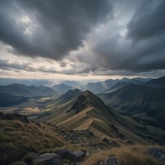 Naklejka premium Scenic Mountain Range Landscape Under Dramatic Sky with Sun Rays Shining