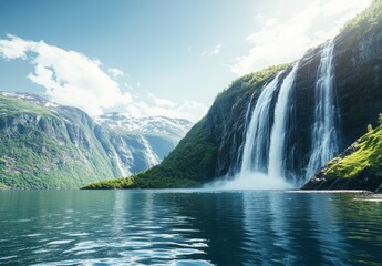 Fototapeta premium Majestic Waterfall Cascading into Clear Coastal Waters Surrounded by Lush Green Mountains and Bright Blue Sky in Norway's Stunning Landscape