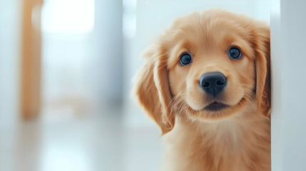 A playful golden retriever puppy, with a curious expression, peeking through a doorway in a bright, welcoming home environment.