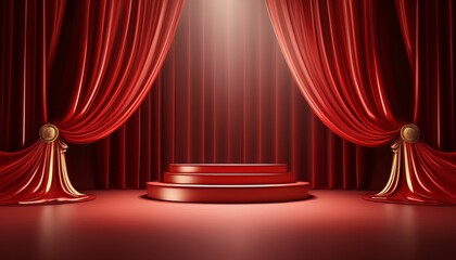 red podium with theater curtains and spotlight pedestal stage for luxury fashion generative ai