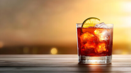 A refreshing cocktail with ice and a slice of lime, set against a stunning sunset backdrop. Perfect for summer evenings.
