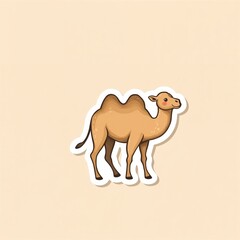 Camel Sticker Illustration: A charming camel illustration with a playful design, perfect for stickers and other creative projects, standing on a light brown background.