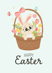 Adorable Easter Bunny in a Basket with Flowers. Spring Clipart for Cards, Posters, Scrapbooking, and DIY Projects