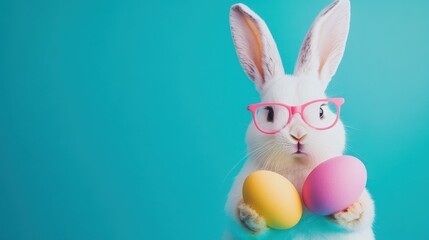 Fototapeta premium Cute White Rabbit Wearing Pink Glasses Holding Colorful Easter Eggs Against a Bright Blue Background Ideal for Spring Celebrations and Festive Occasions