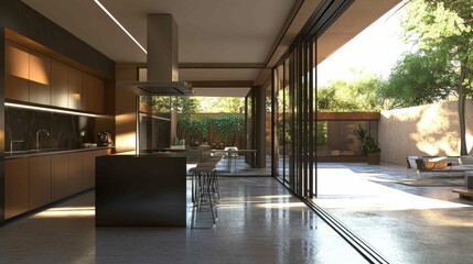 Fototapeta premium Bright modern kitchen with open-concept design and seamless patio access