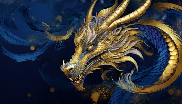 dragon with watermarks in gold and cobalt blue color decorative image for poster or creative background fantasy