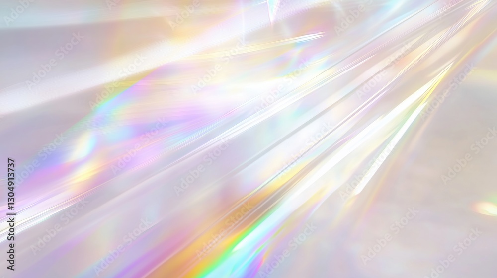 Poster Holographic background with light refraction and iridescent effects on a crystal-clear texture. Transparent plastic surface with soft white lines reflecting sunlight in pastel tones, creating a dreamy