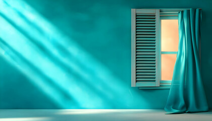 A serene interior with a turquoise wall and a softly lit window, inviting calmness and tranquility to the living space.