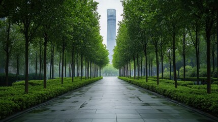 Wet paved path through green tree lined park, modern tower