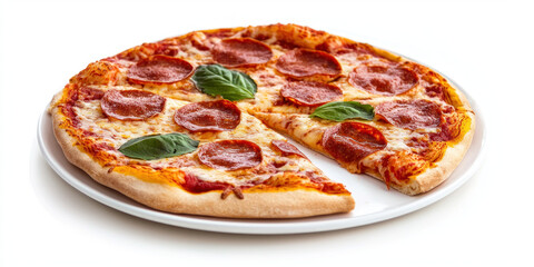 delicious pepperoni pizza with fresh basil on white plate