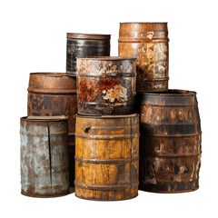 Fototapeta premium Groups old wooden barrel for champagne, wine, whiskey, rum, beer, with steel ring on white background.