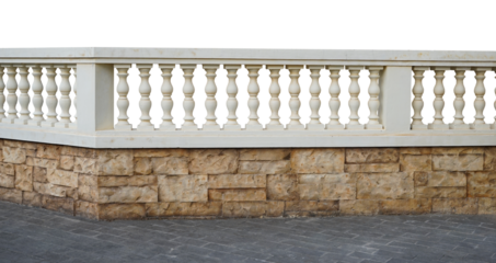 Classic stone italian balustrade. Balustrade, terrace, porch or balcony railing, fencing sections with baluster. 