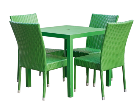 Green rattan outdoor table and chair set. Artificial rattan chairs