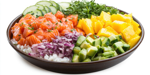 vibrant poke bowl with rice, salmon, avocado, mango, and vegetables