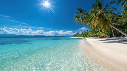 Exquisite Tropical Beach View with Clear Blue Water, Swaying Palm Trees, and Bright Sun in a Vibrant Sky