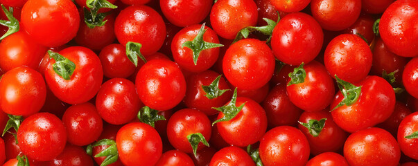 Fresh red cherry tomatoes with green stems, glistening with water droplets